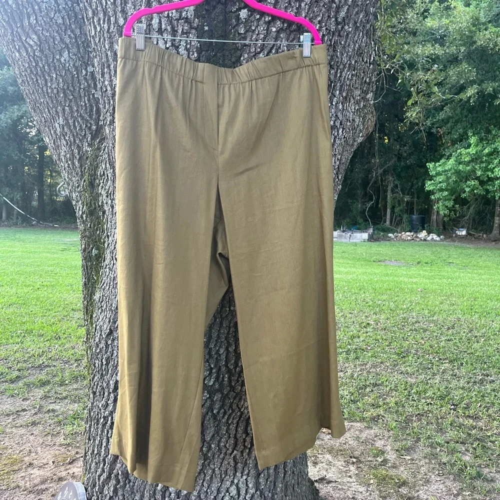 J. JILL LINEN BLEND 4X PLUS OLIVE OIL LOOSE FIT WIDE LEG PANTS